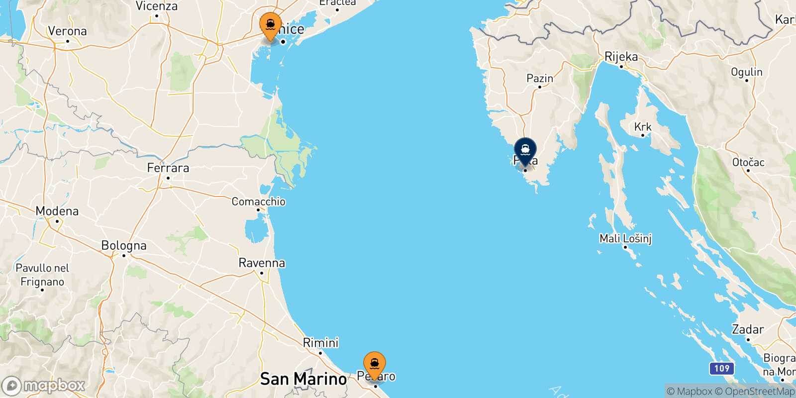Mapa de los puertos conectados con  Pula