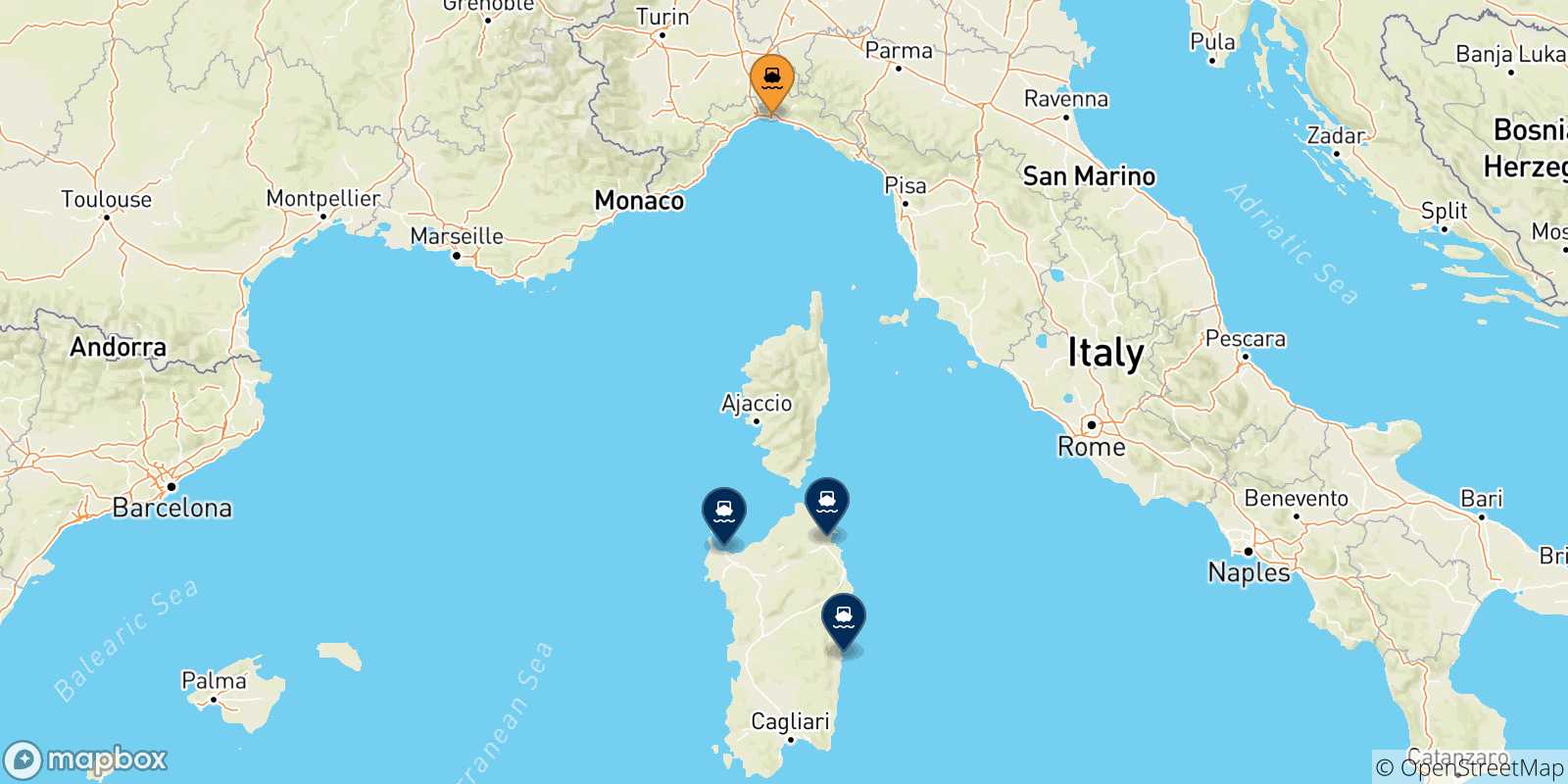 Mapa de las posibles rutas entre Genova y  Cerdeña