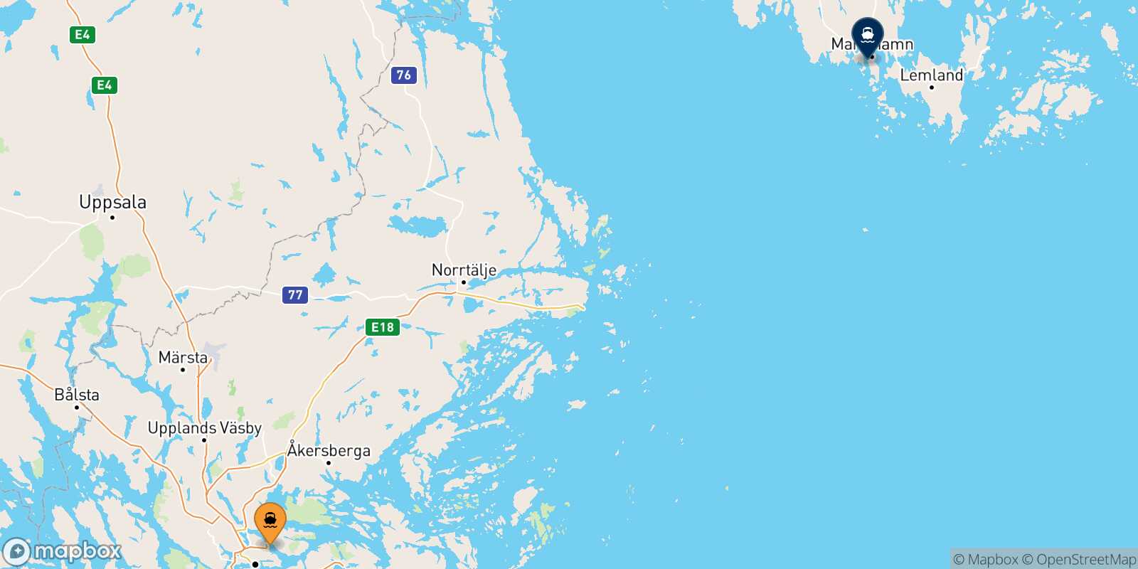 Mapa de la ruta Estocolmo Mariehamn