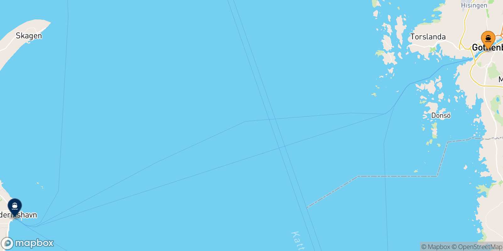 Mapa de los puertos conectados con  Frederikshavn