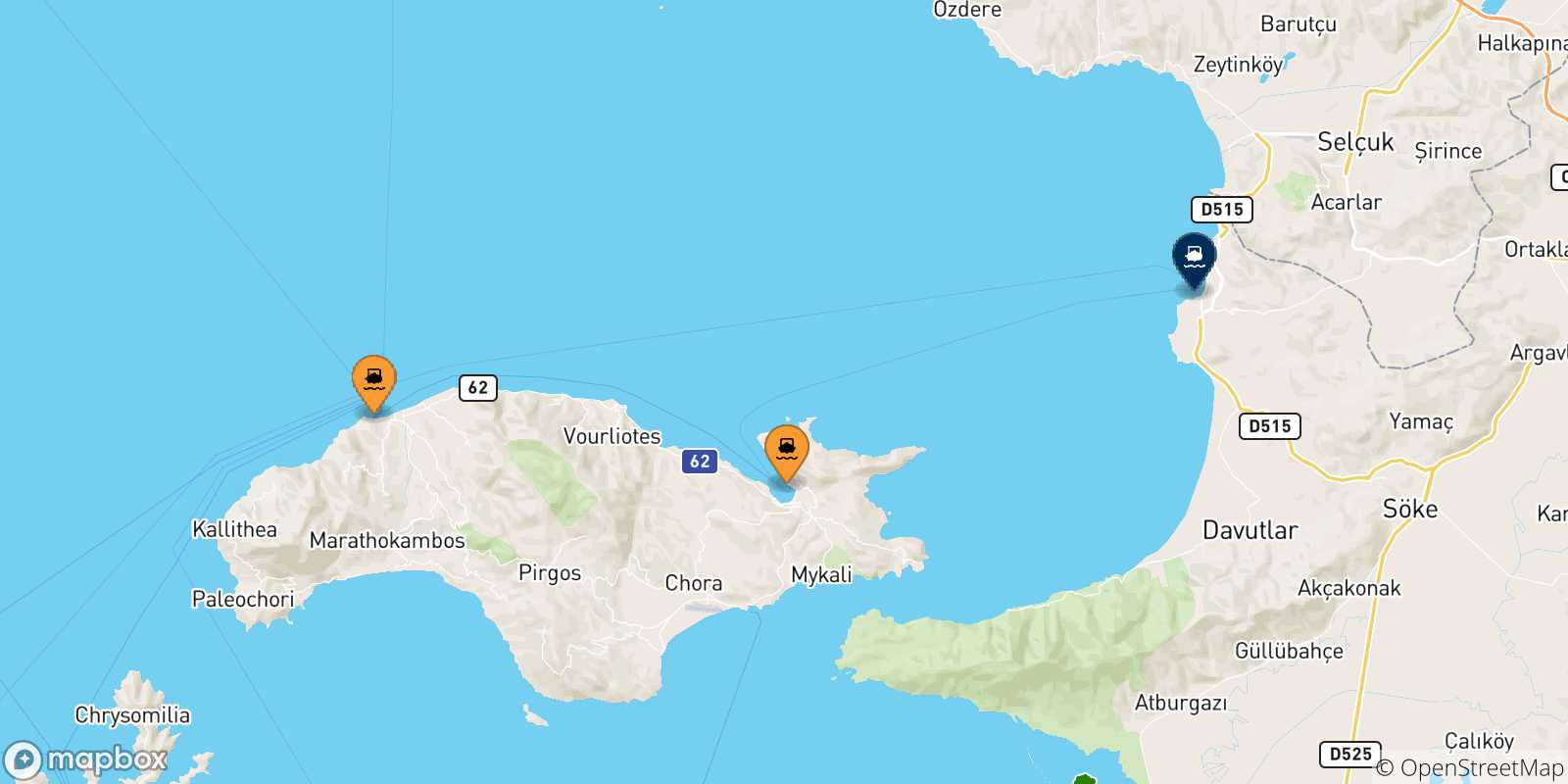 Mapa de las posibles rutas entre Islas Del Egeo y  Kusadasi