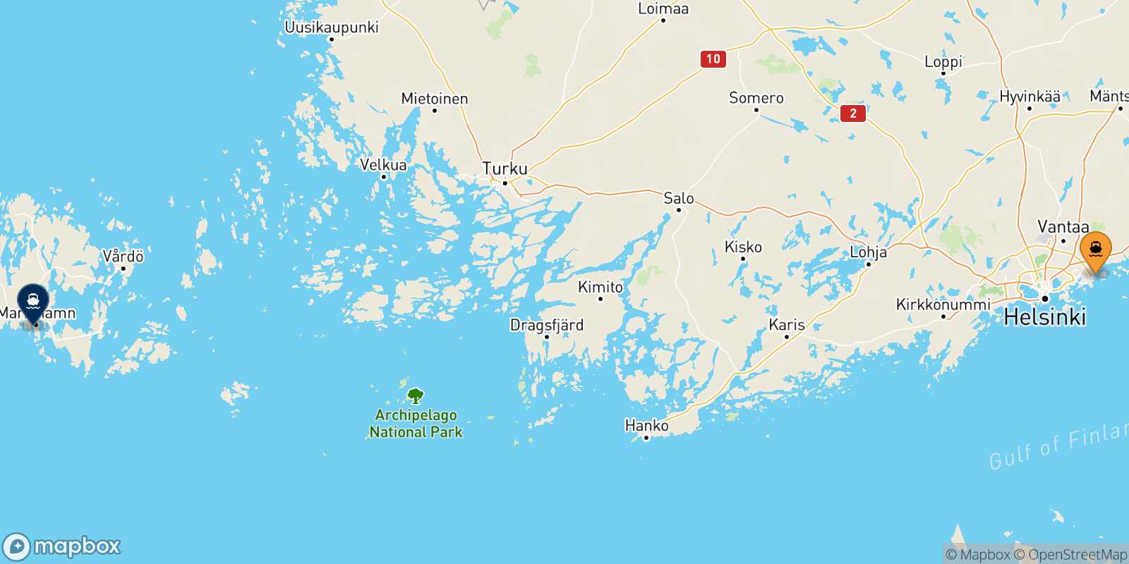 Mapa de la ruta Helsinki Mariehamn