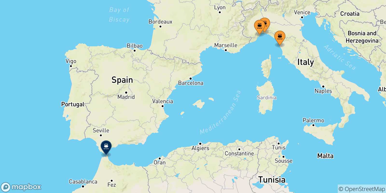 Mapa de las posibles rutas entre Italia y  Tánger Med