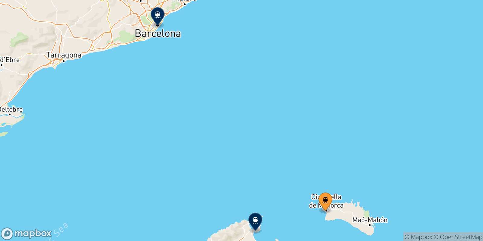 Mapa de los destinos alcanzables de Ciudadela (Menorca)