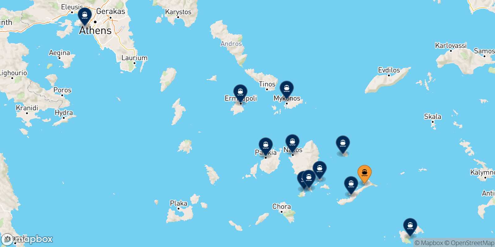 Mapa de los destinos alcanzables de Aegiali (Amorgos)