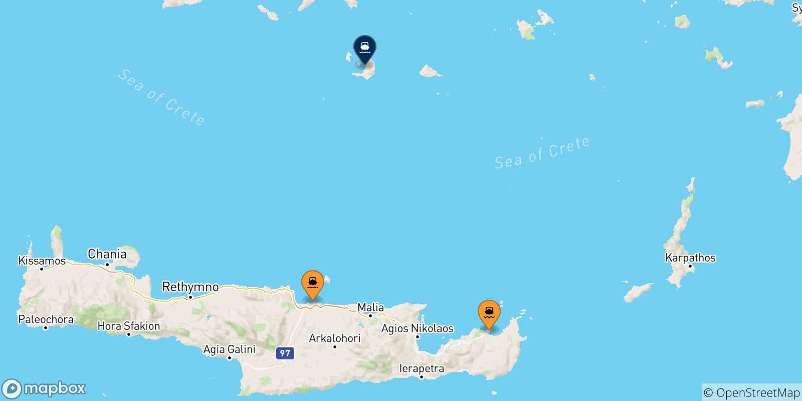 Mapa de las posibles rutas entre Creta y  Santorini