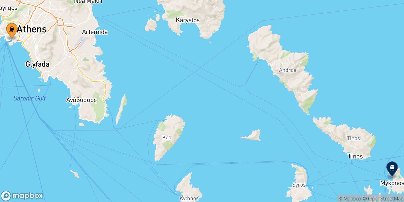 Mapa de la ruta El Pireo Mykonos