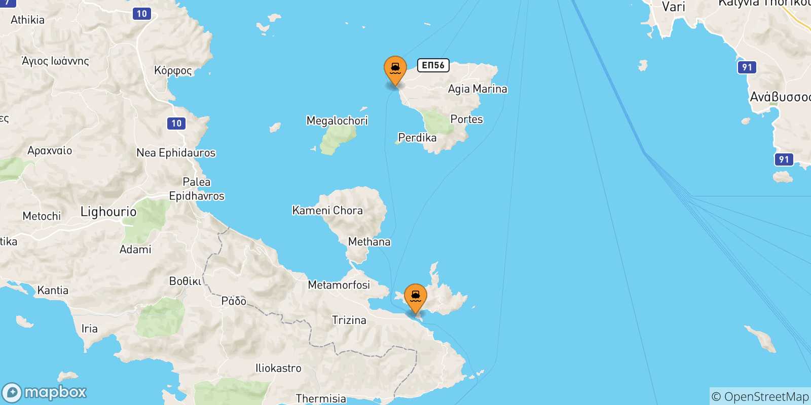Mapa de las posibles rutas entre Islas Sarónicas y  Methana