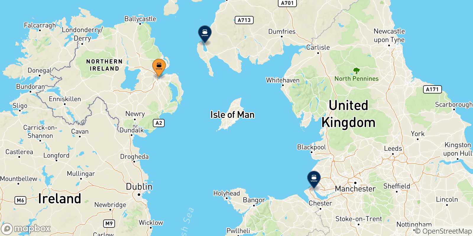 Mapa de las posibles rutas entre Irlanda Del Norte y  Reino Unido