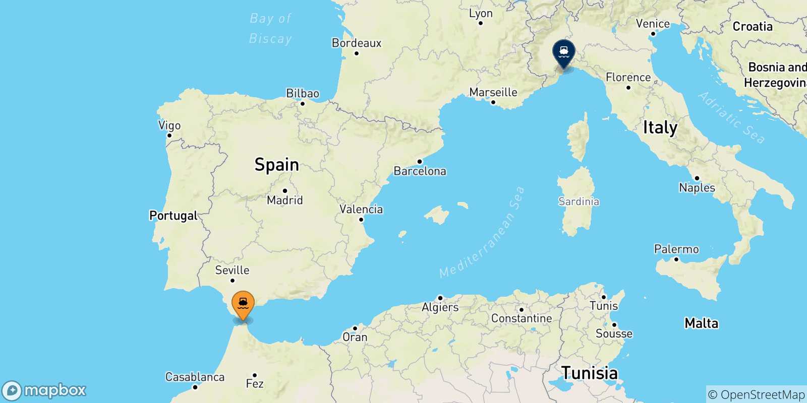 Mapa de las posibles rutas entre Marruecos y  Savona