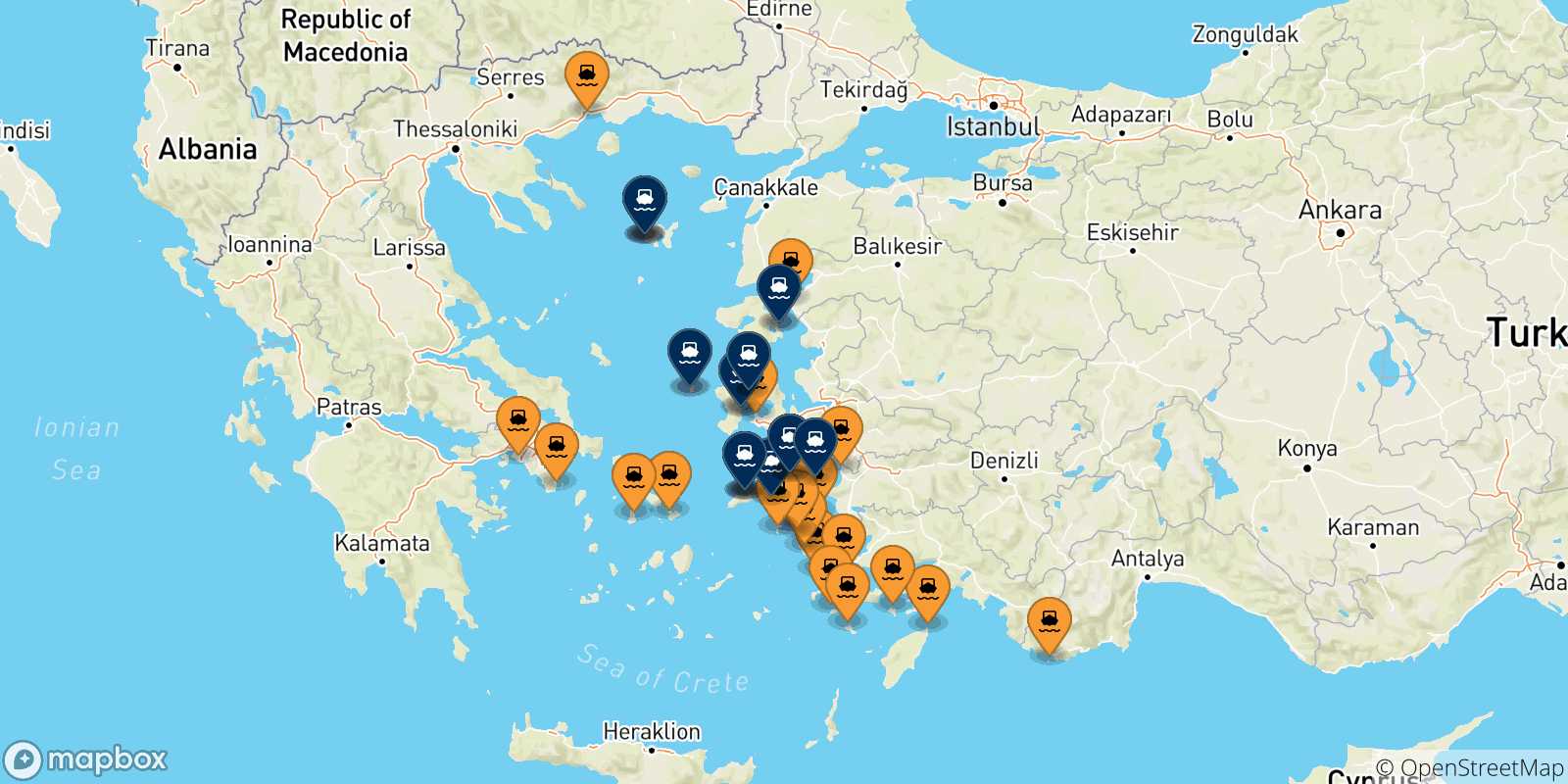 Mapa de los puertos conectados con  Islas Del Egeo