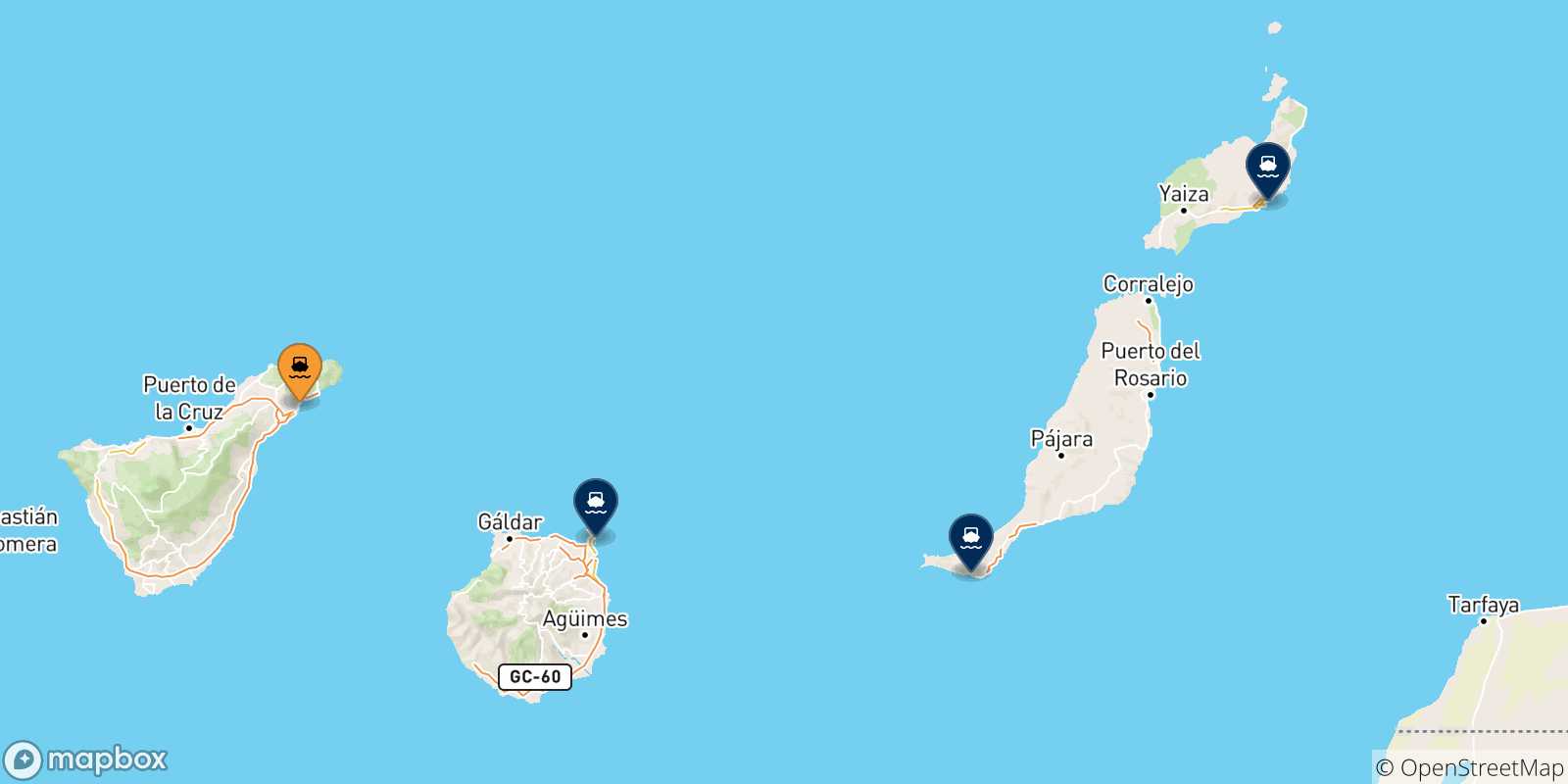 Mapa de las posibles rutas entre Santa Cruz De Tenerife y  Islas Canarias