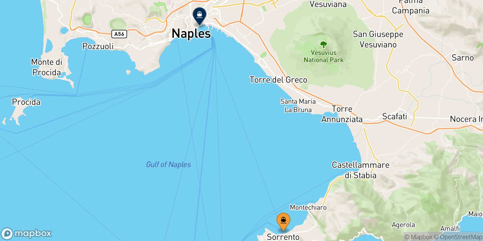 Mapa de la ruta Castellammare Nápoles Beverello