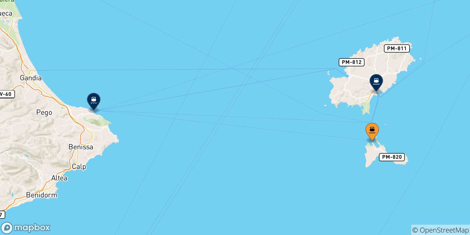 Mapa de las posibles rutas entre Formentera y  España