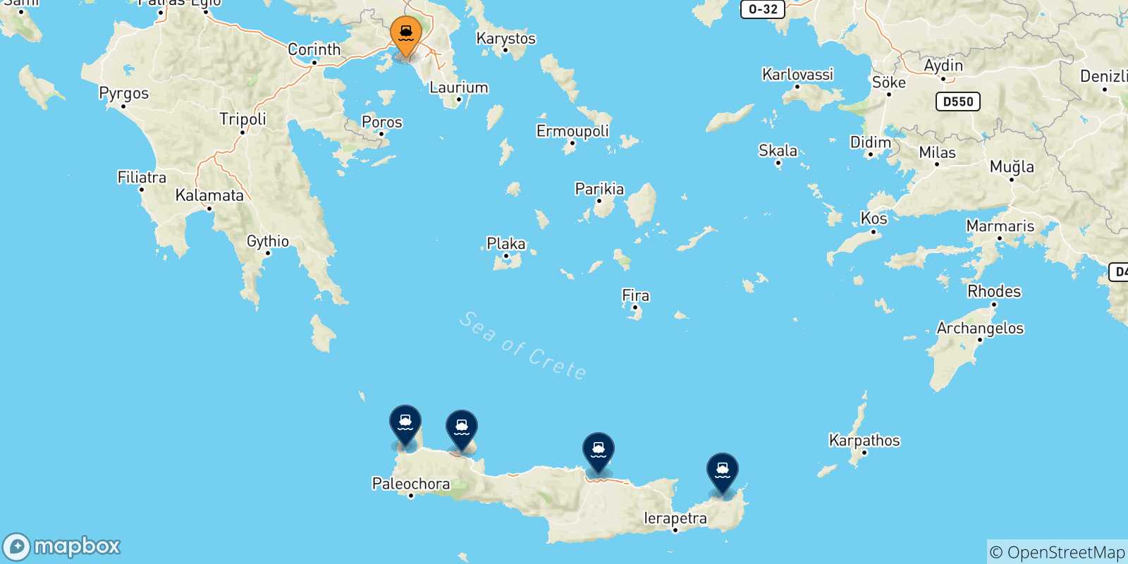 Mapa de las posibles rutas entre El Pireo y  Creta