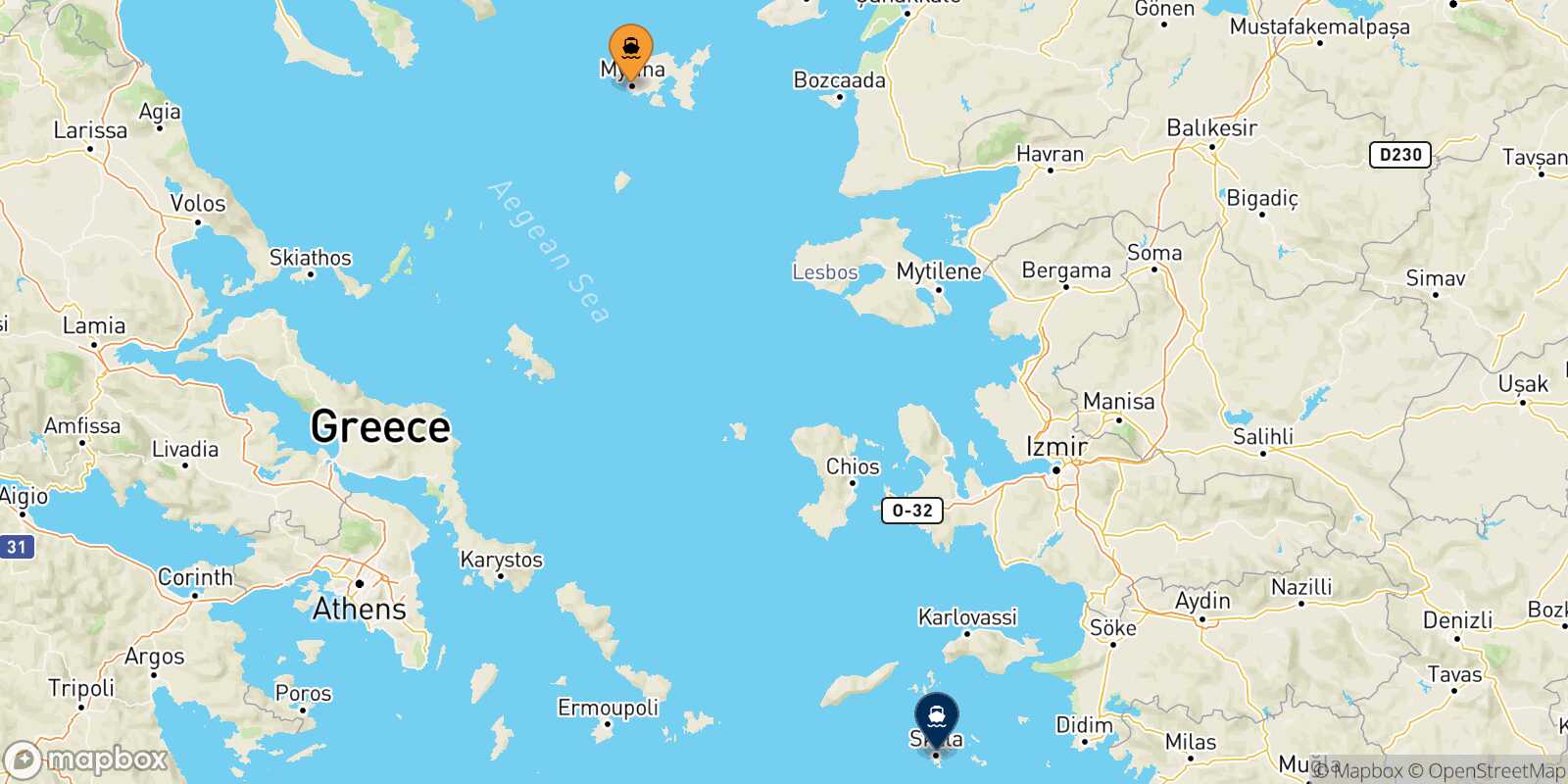 Mapa de la ruta Mirina (Limnos) Patmos