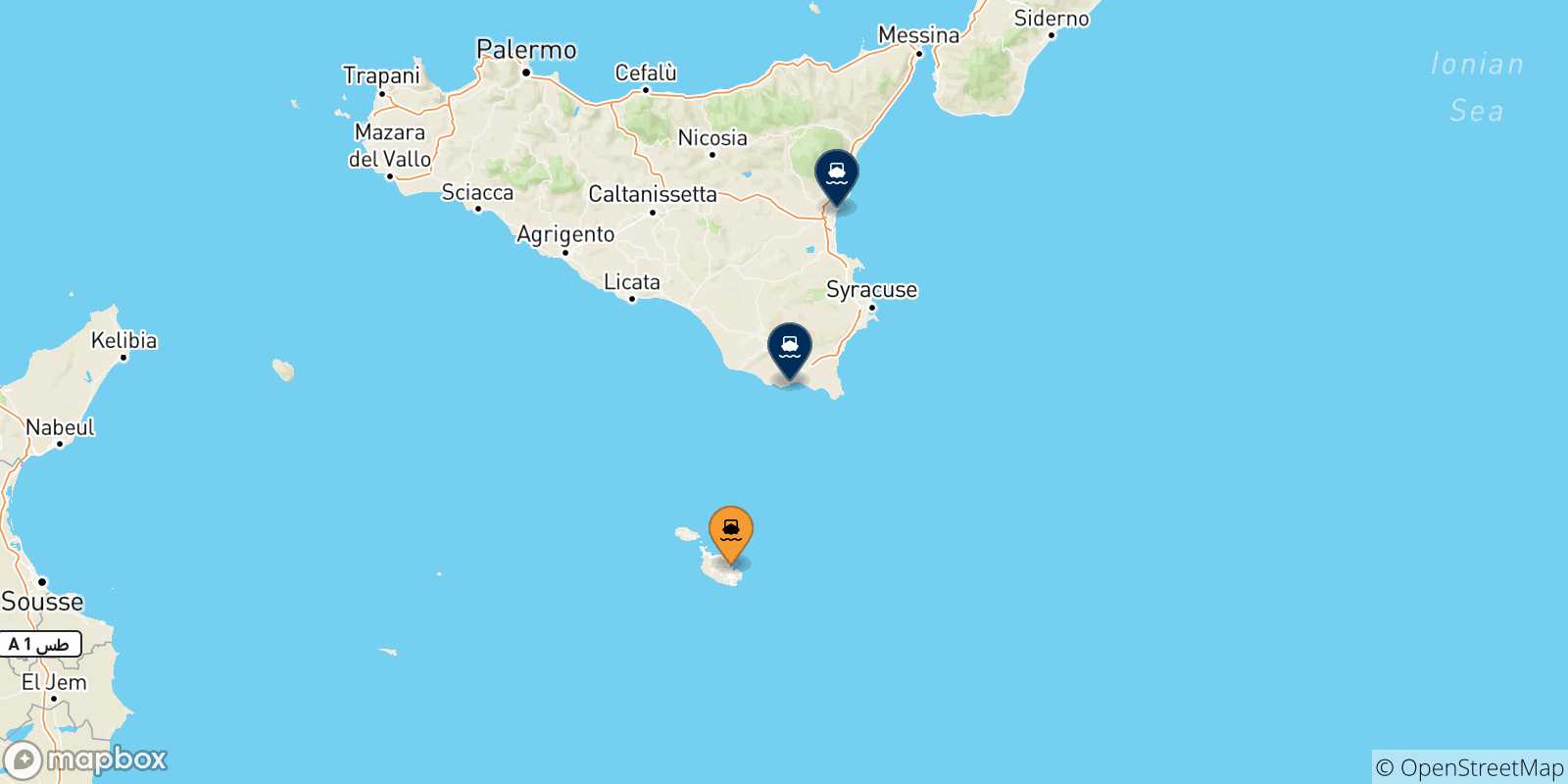Mapa de las posibles rutas entre La Valletta (Malta) y  Sicilia