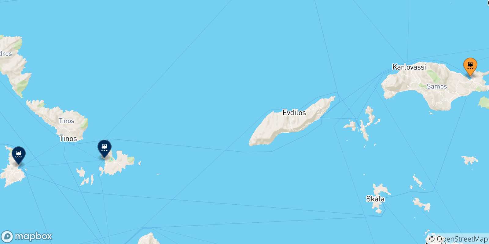 Mapa de las posibles rutas entre Vathi (Samos) y  Las Cicladas