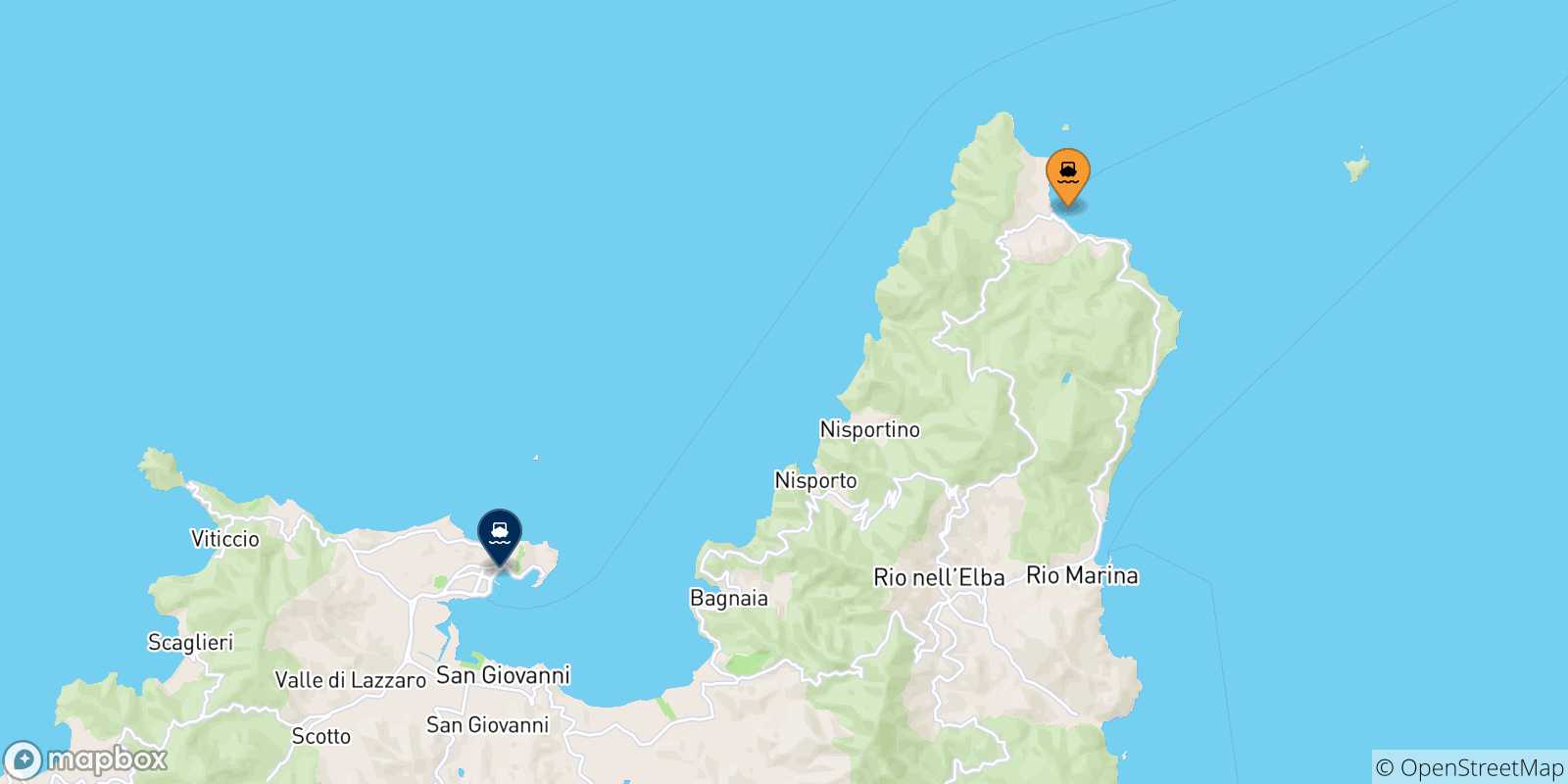 Mapa de las posibles rutas entre Cavo y  Isla De Elba