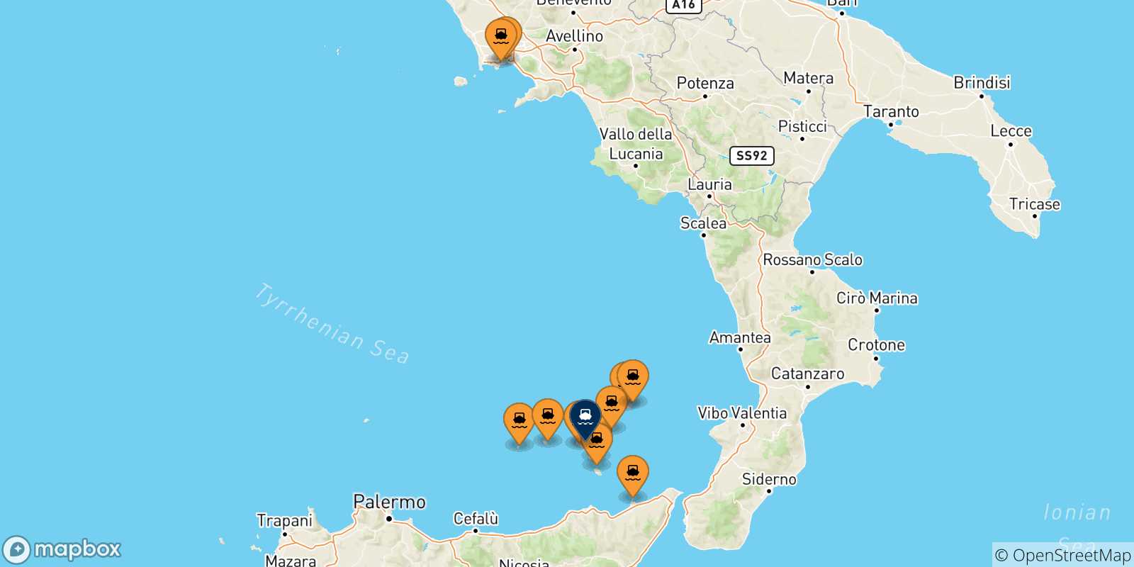 Mapa de las posibles rutas entre Italia y  Santa Marina (Salina)