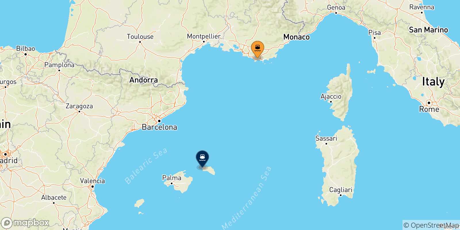 Mapa de las posibles rutas entre Francia y  Ciudadela (Menorca)