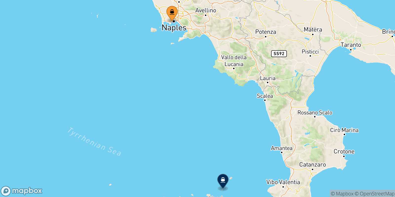 Mapa de la ruta Nápoles Mergellina Panarea