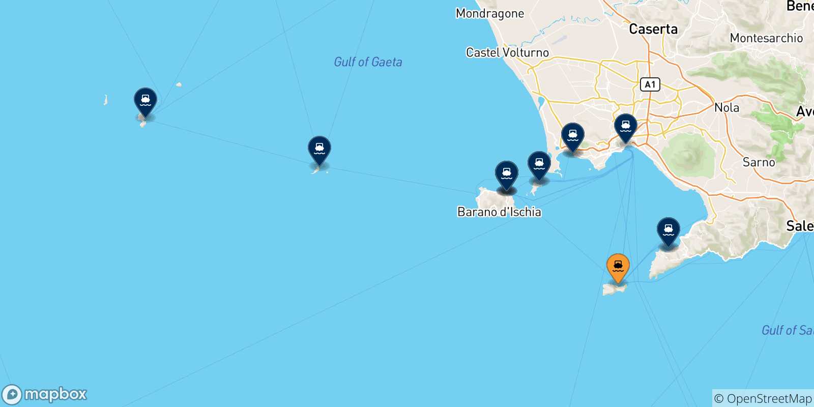 Mapa de los destinos alcanzables de Golfo De Nápoles