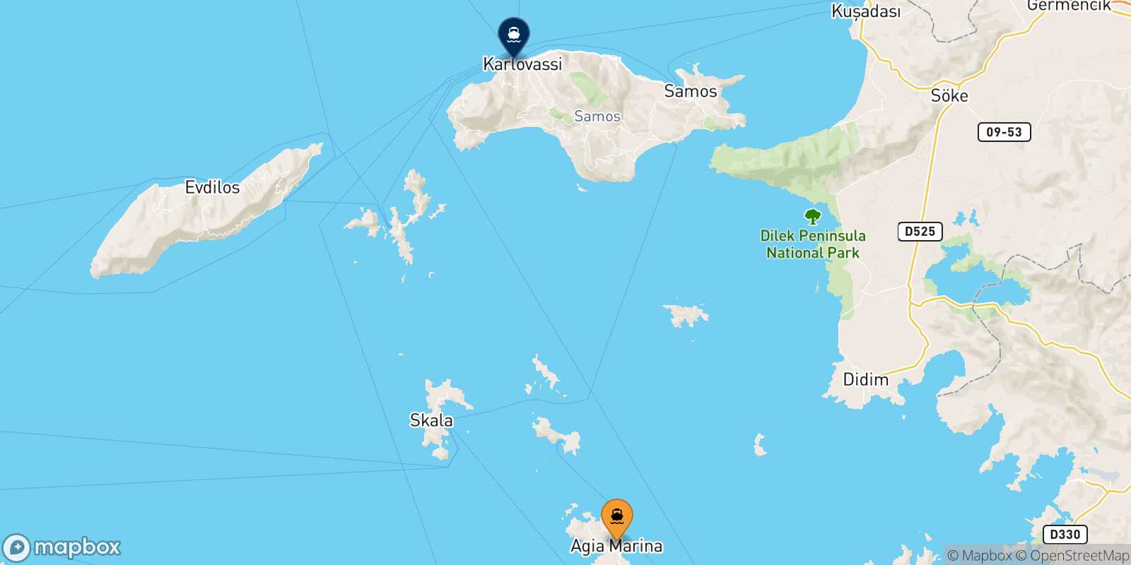 Mapa de la ruta Leros Karlovassi (Samos)