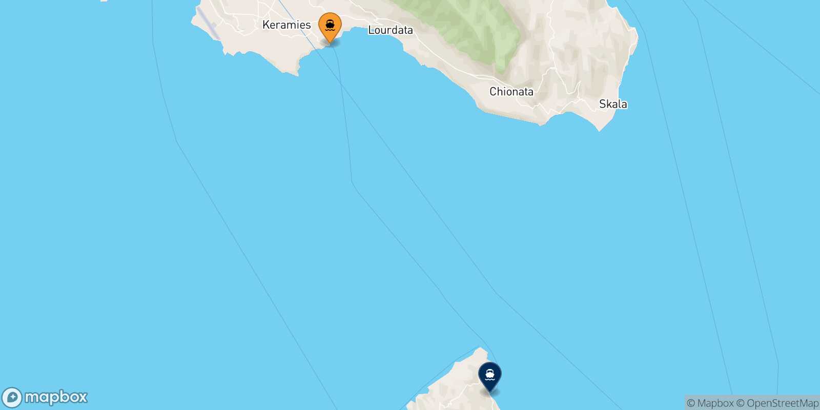 Mapa de los destinos alcanzables de Pessada (Cefalonia)