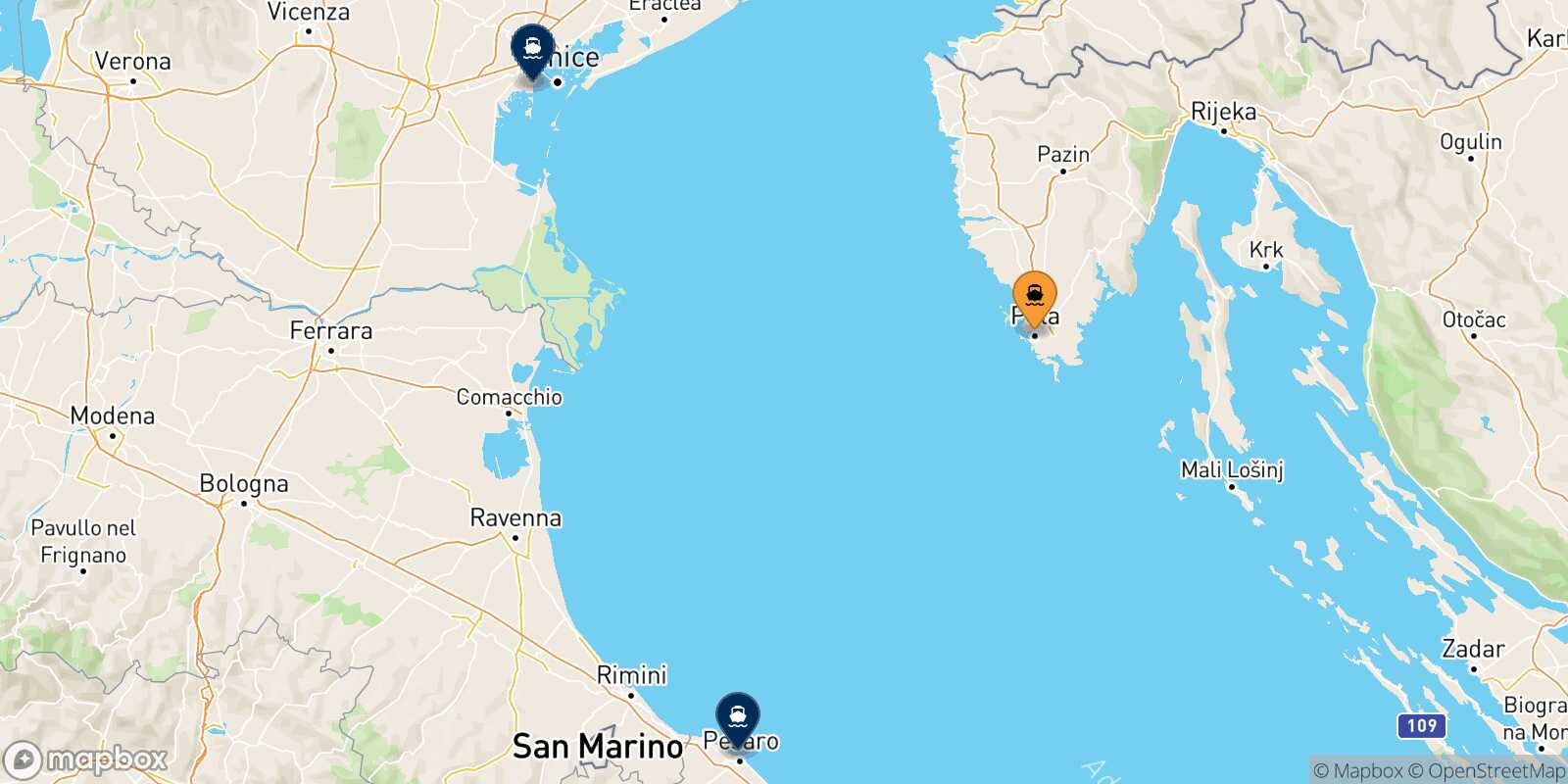 Mapa de los destinos alcanzables de Pula