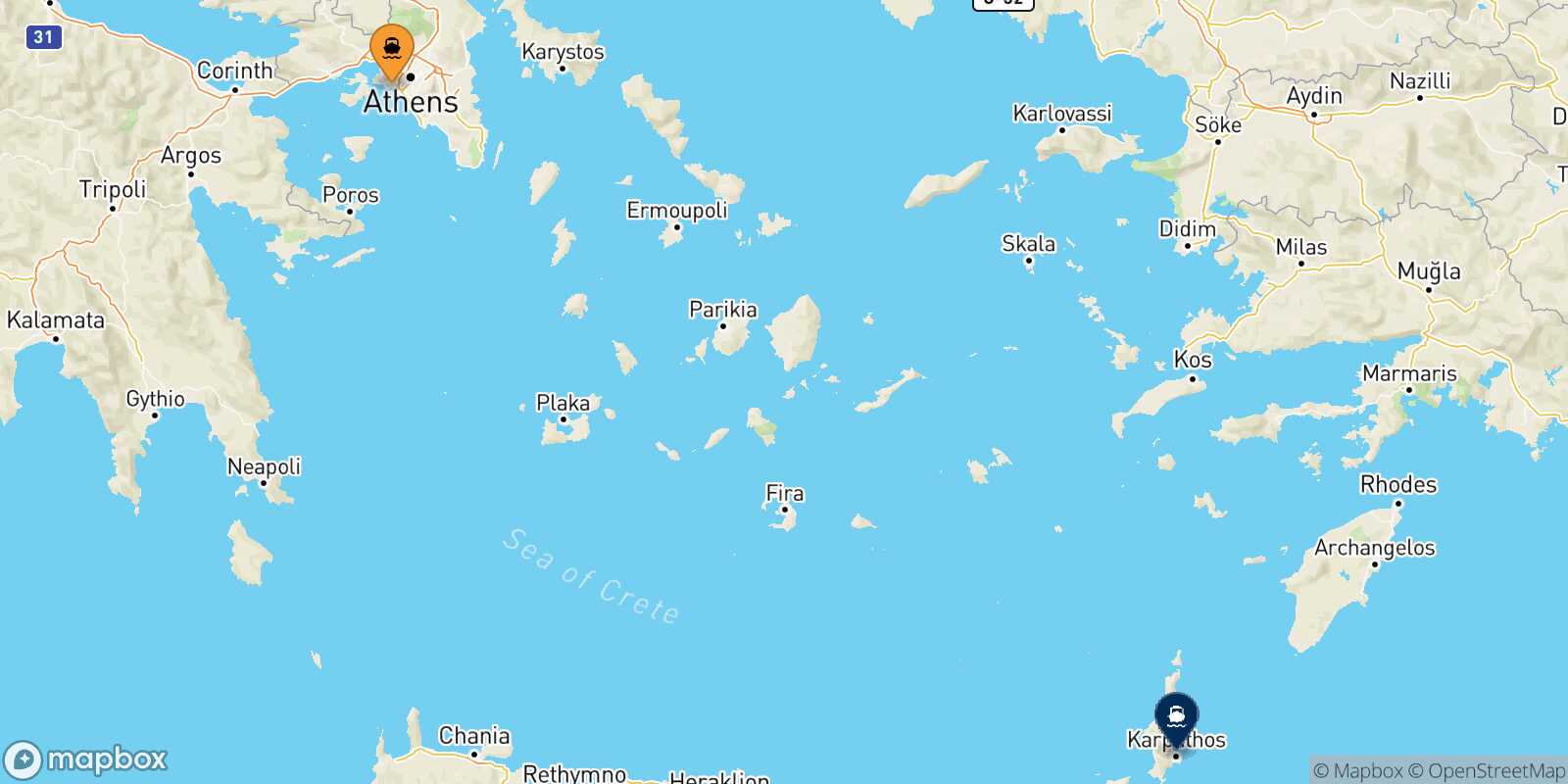 Mapa de la ruta El Pireo Karpathos