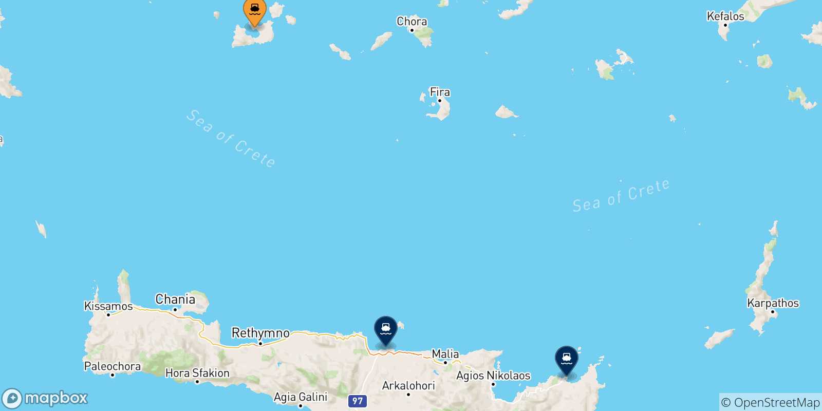 Mapa de las posibles rutas entre Milos y  Creta