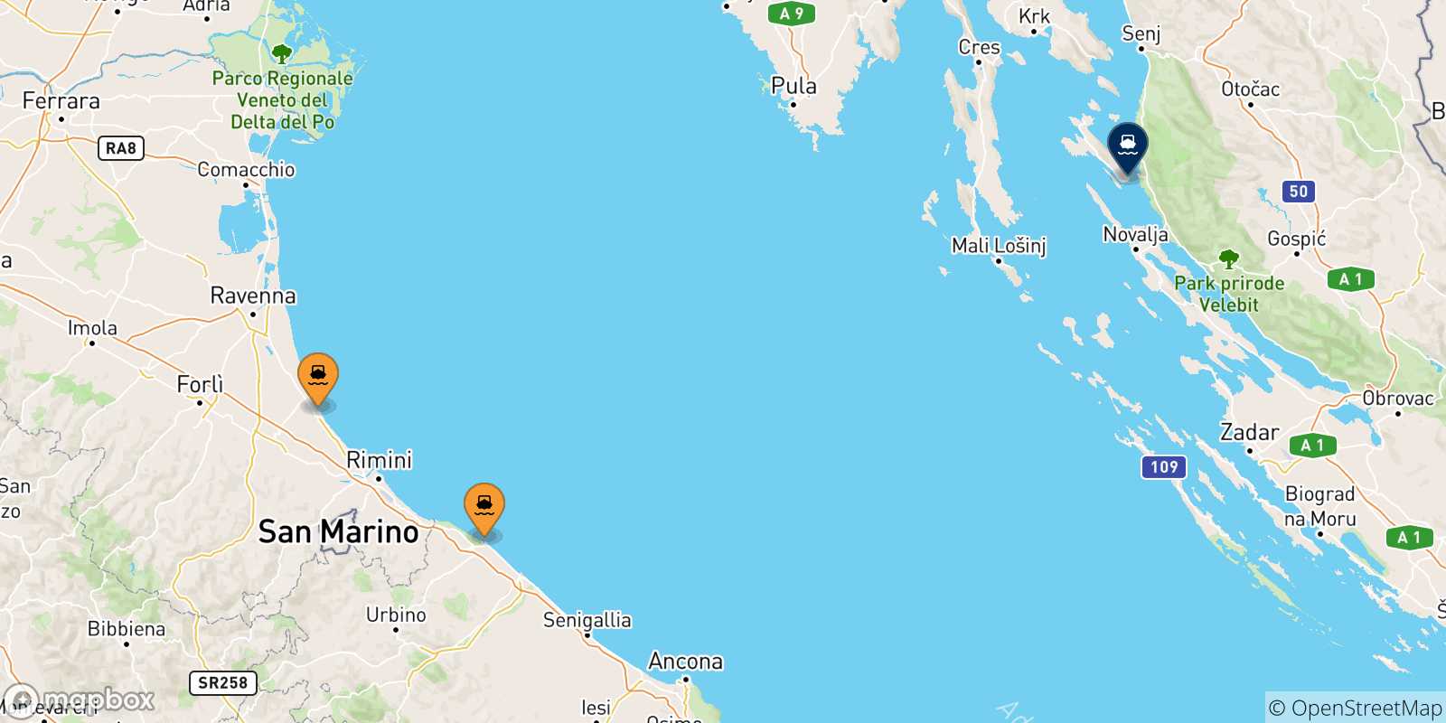 Mapa de las posibles rutas entre Italia y  Rab