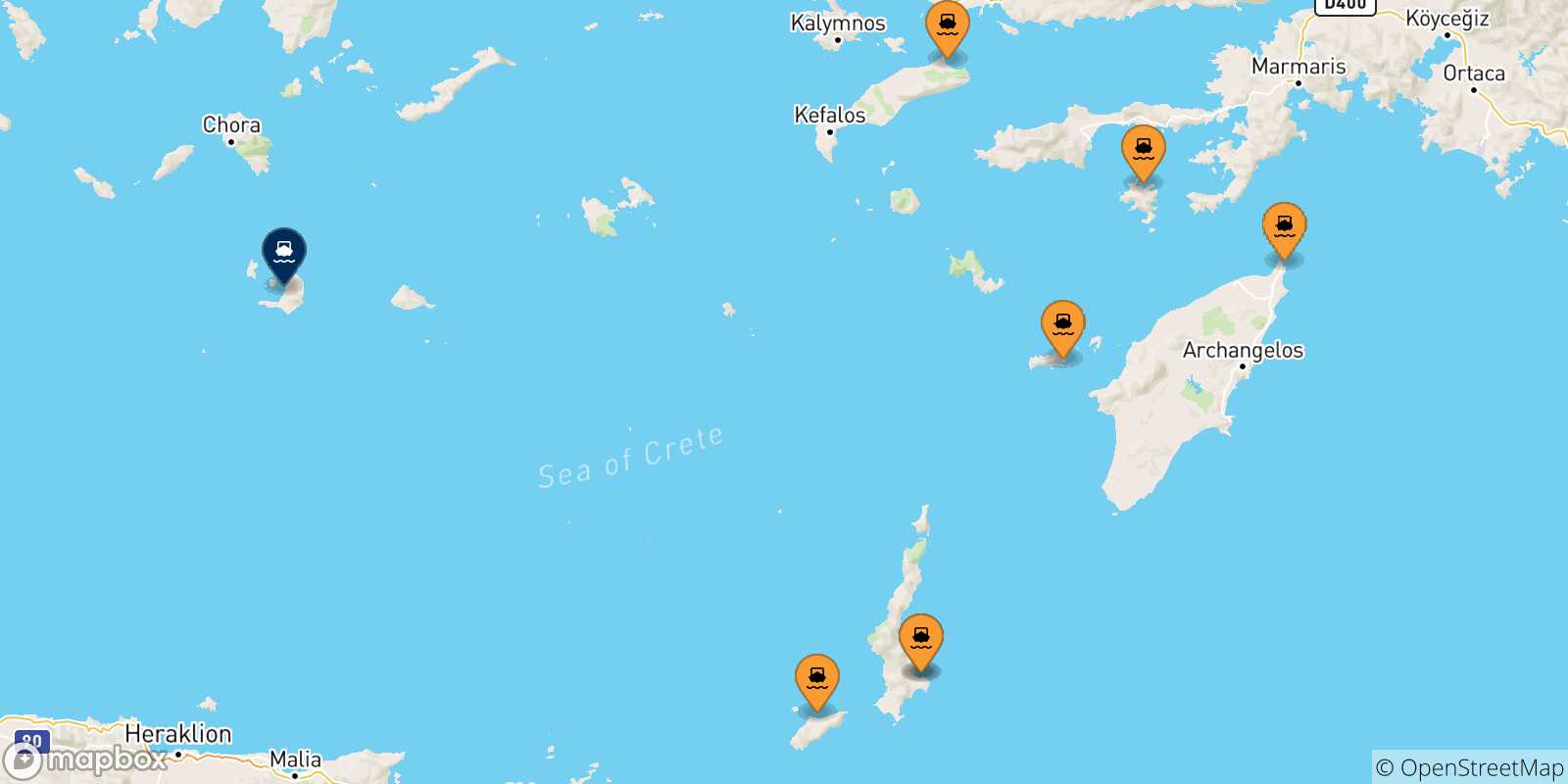 Mapa de las posibles rutas entre Dodecaneso y  Santorini