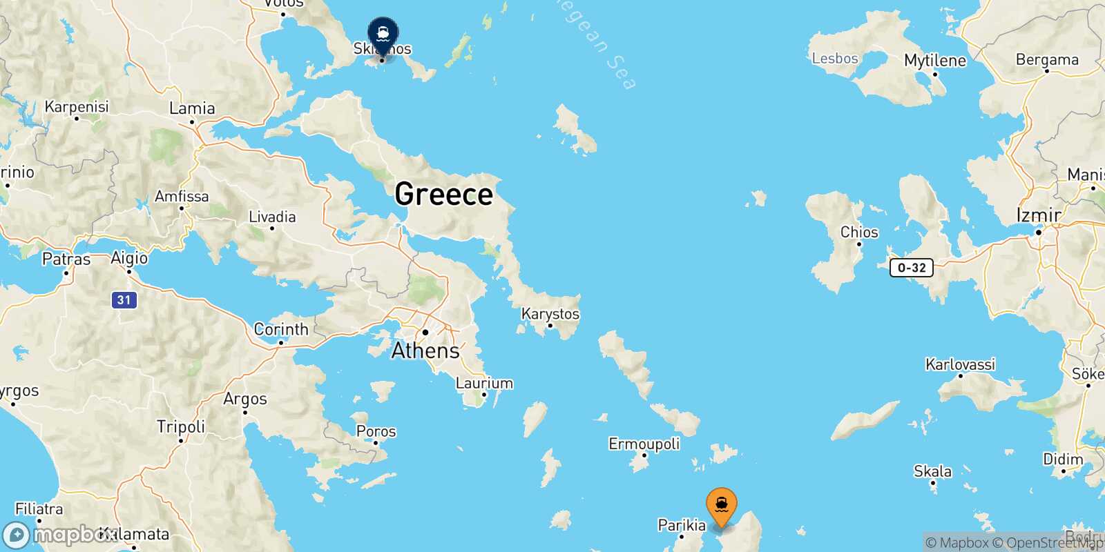 Mapa de los destinos alcanzables de Naxos