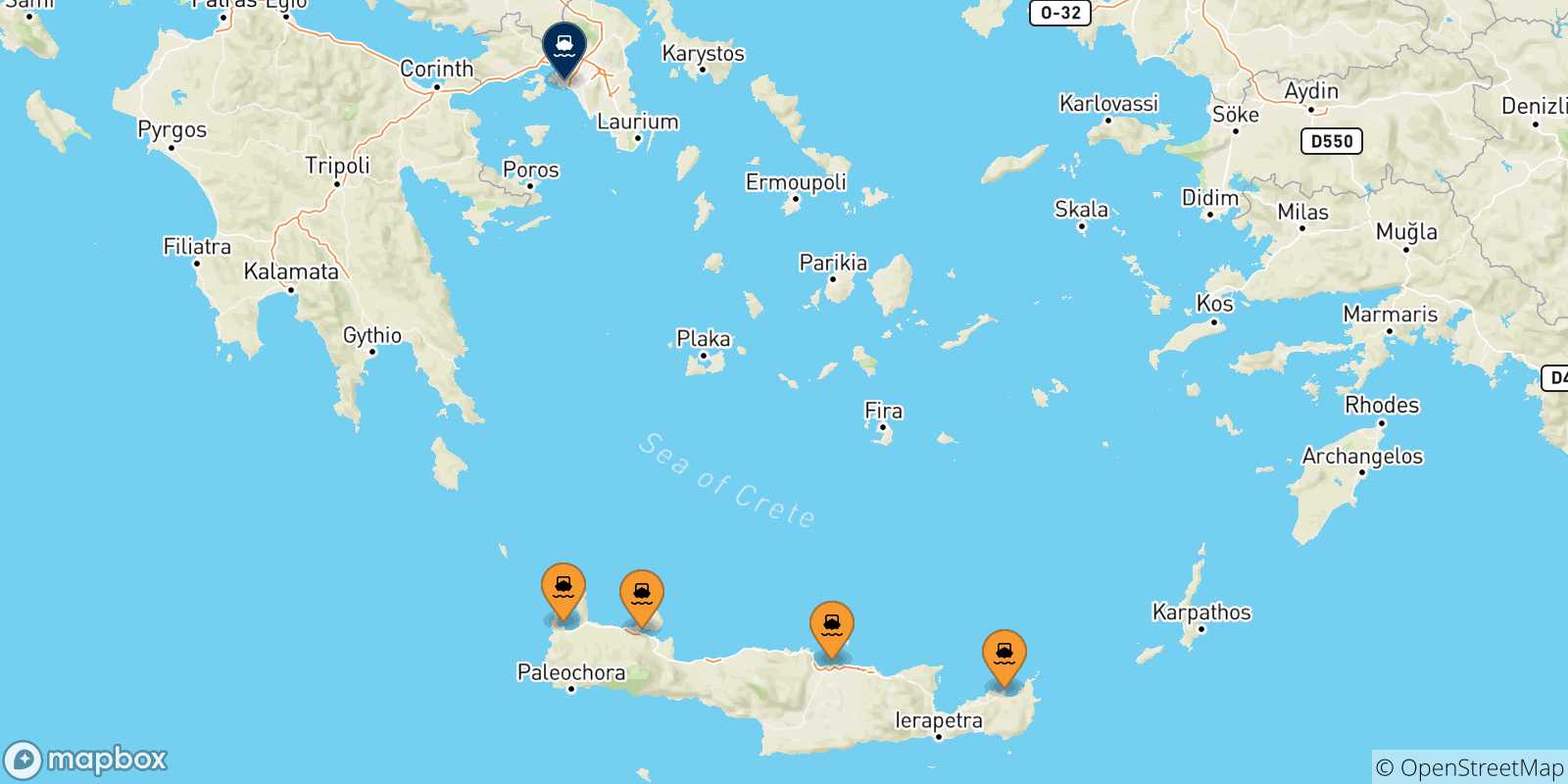 Mapa de las posibles rutas entre Creta y  El Pireo