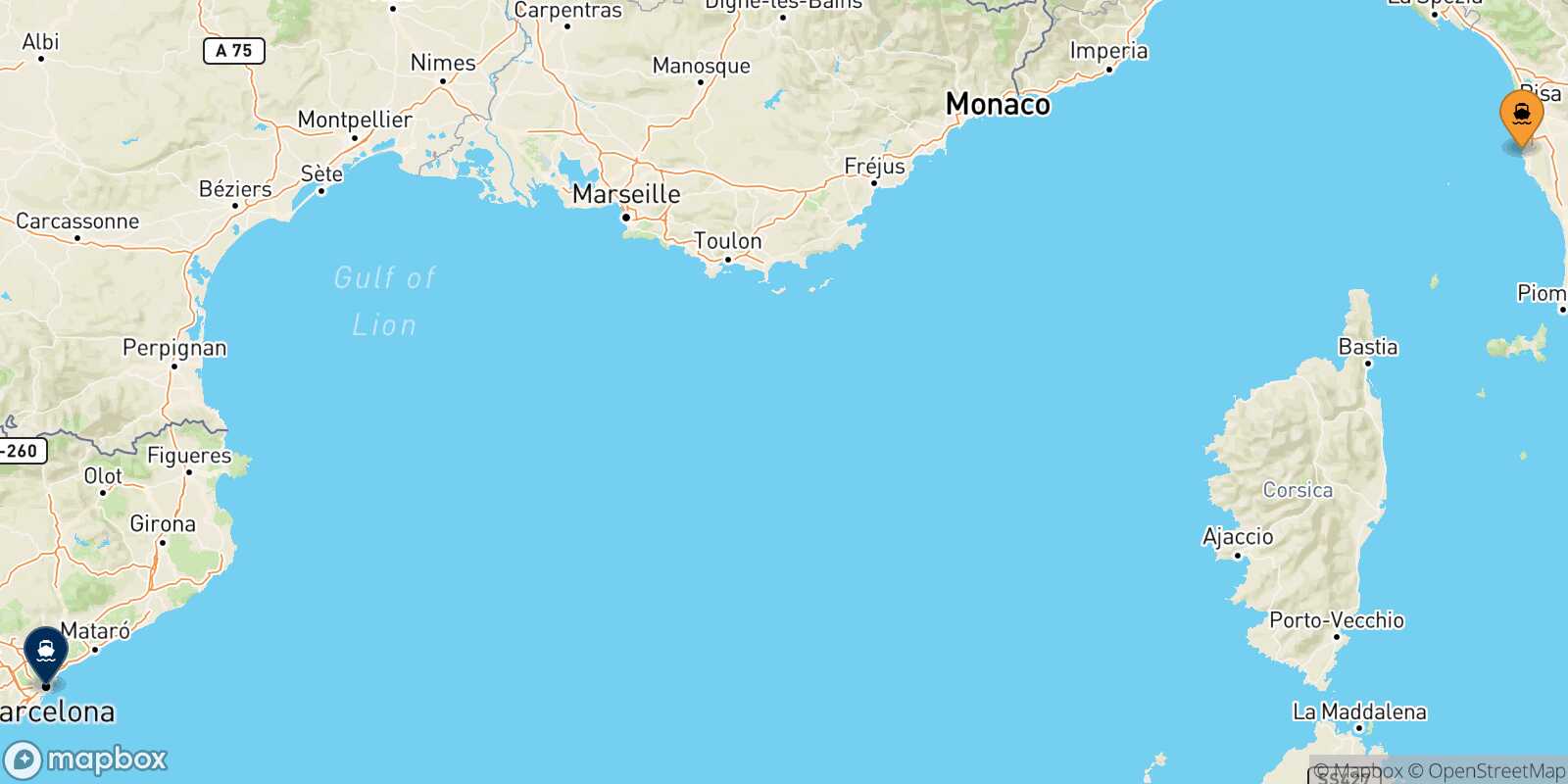 Mapa de la ruta Livorno Barcelona