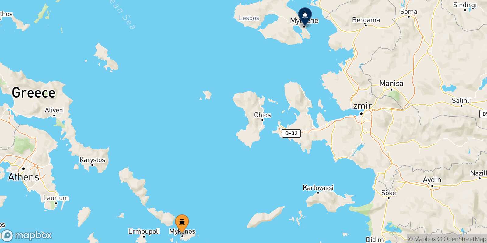 Mapa de la ruta Mykonos Mytilene (Lesvos)