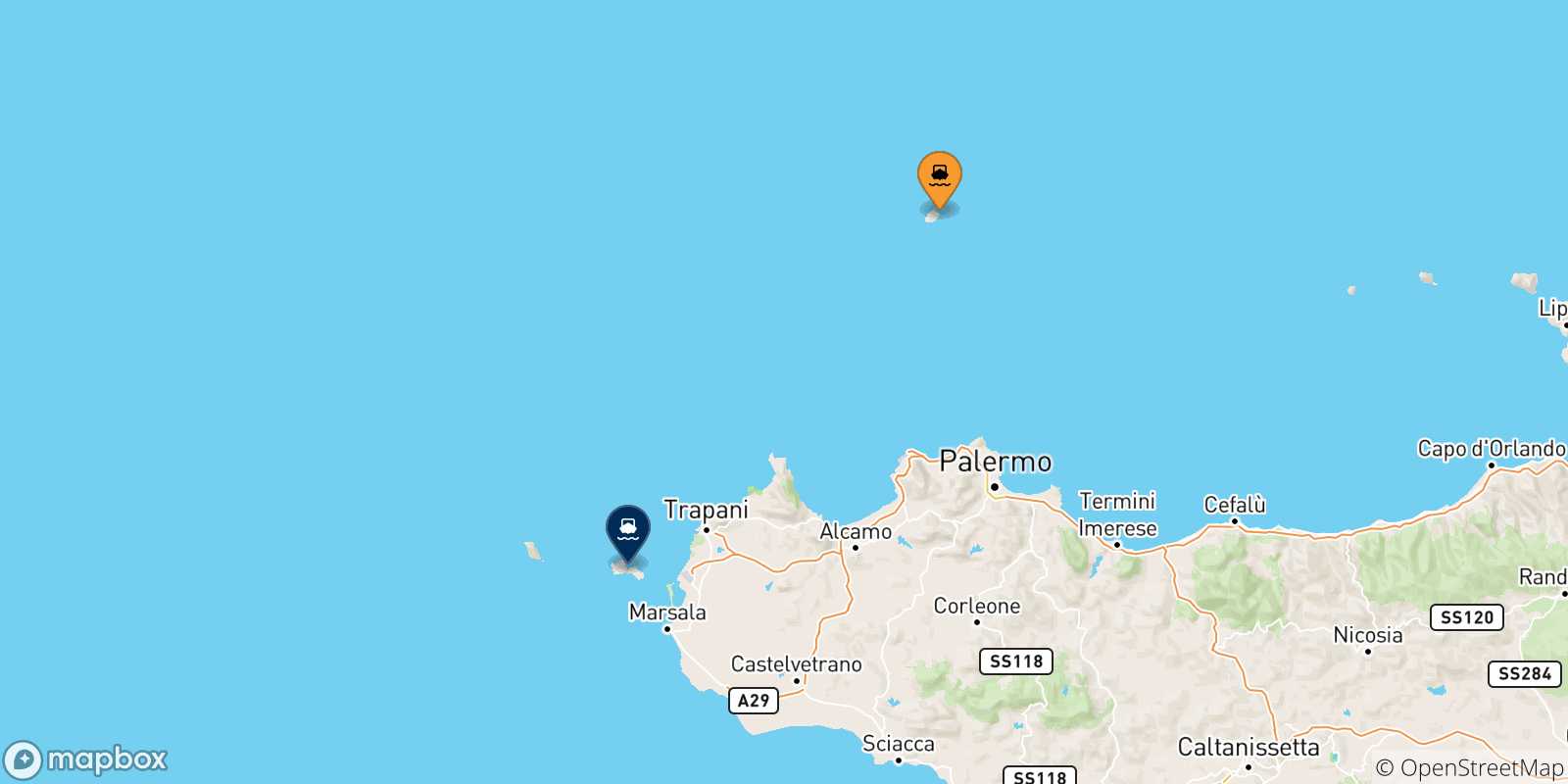 Mapa de las posibles rutas entre La Isla De Ustica y  Islas Egadas