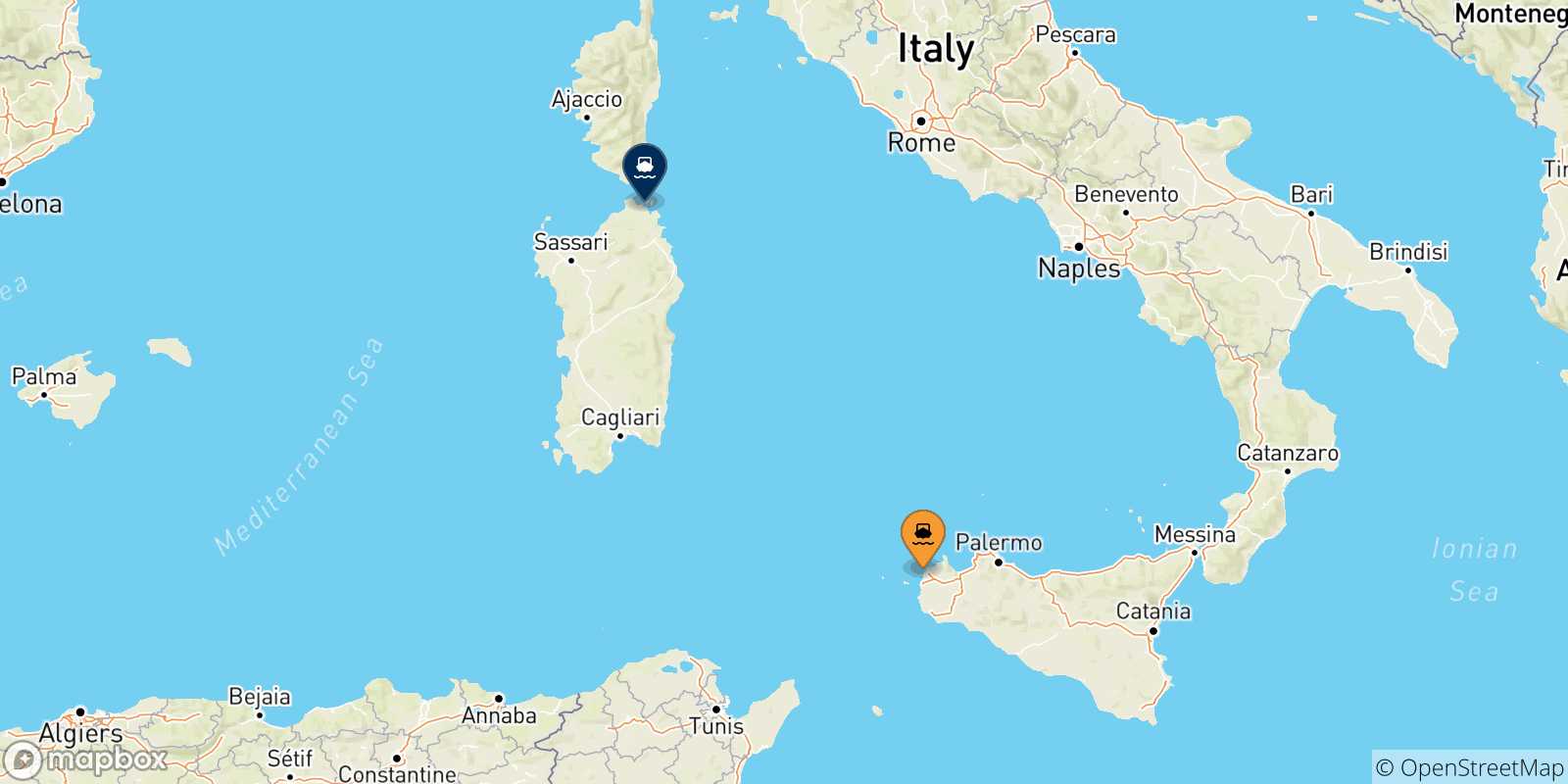 Mapa de las posibles rutas entre Sicilia y  Golfo Aranci