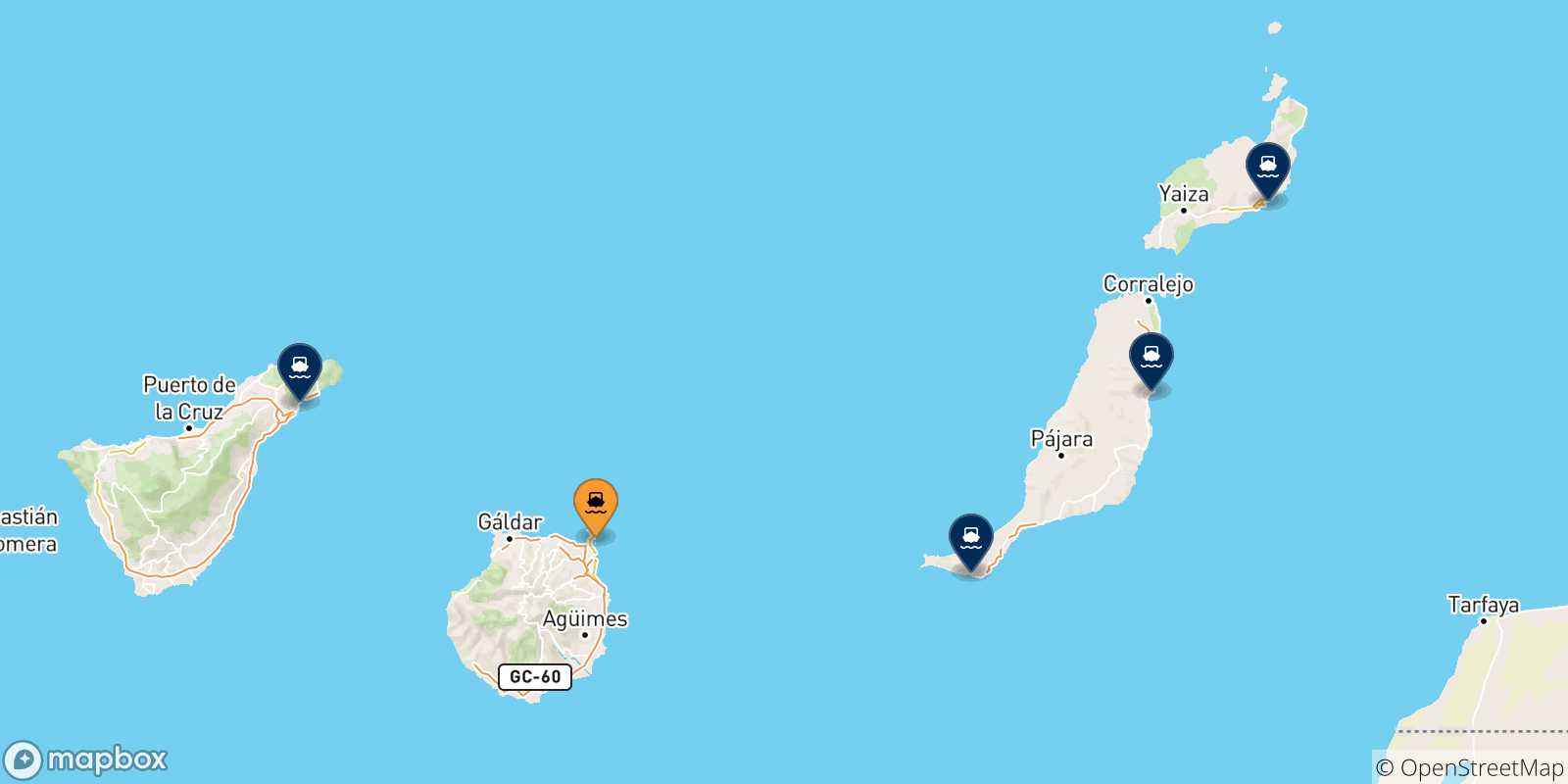 Mapa de las posibles rutas entre Las Palmas De Gran Canaria y  Islas Canarias