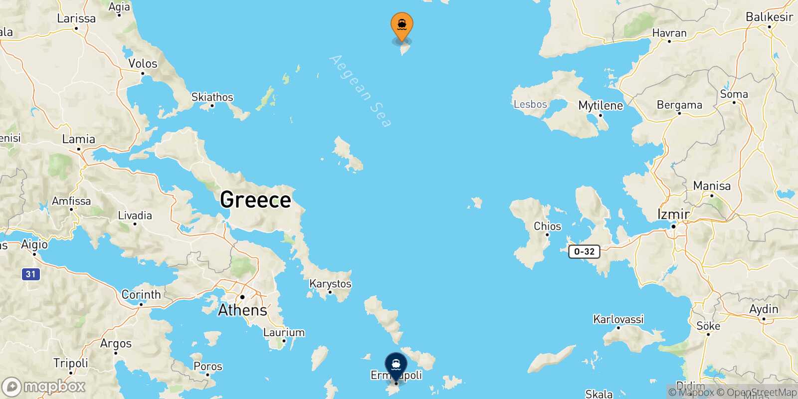 Mapa de la ruta Agios Efstratios Syros