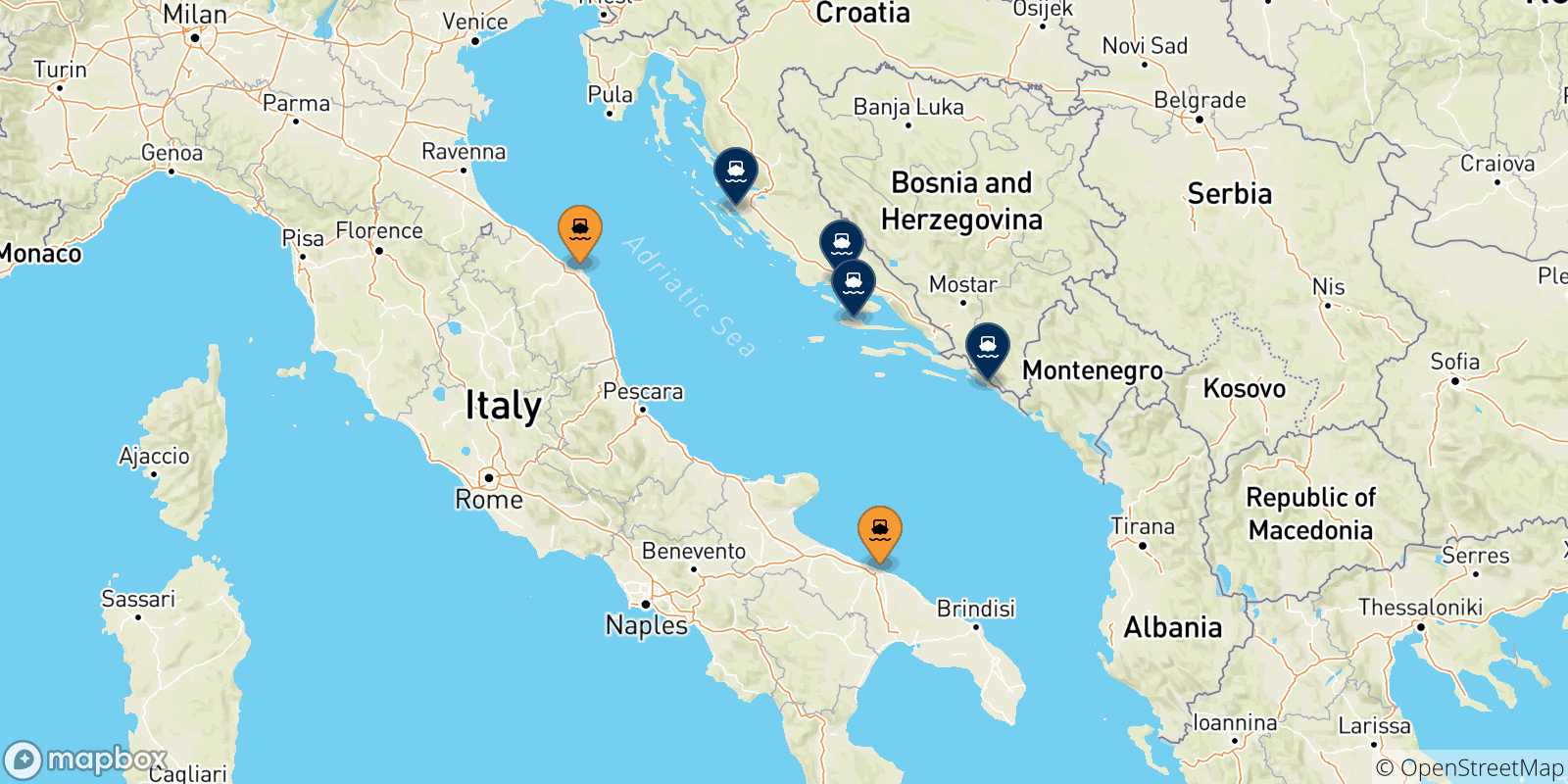 Mapa de las posibles rutas entre Italia y  Croacia