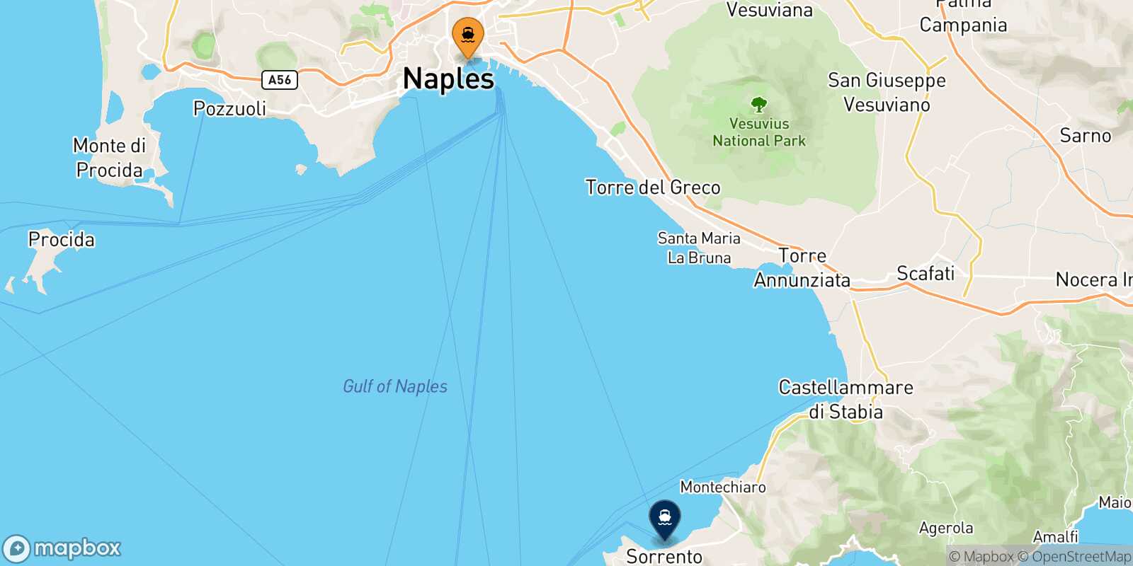 Mapa de la ruta Nápoles Beverello Castellammare