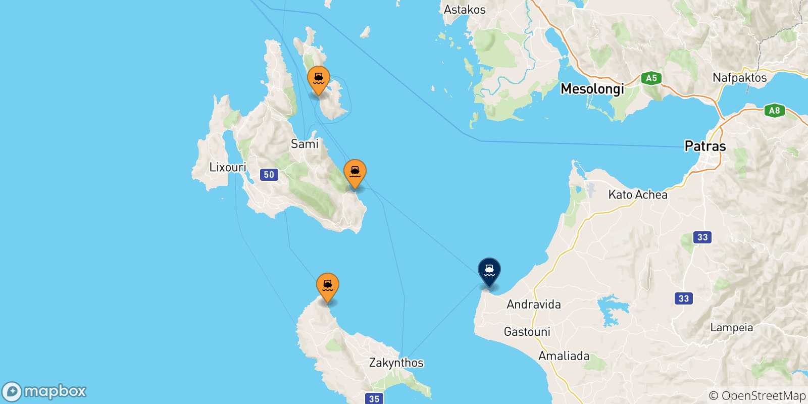Mapa de las posibles rutas entre Islas Jonicas y  Kyllini