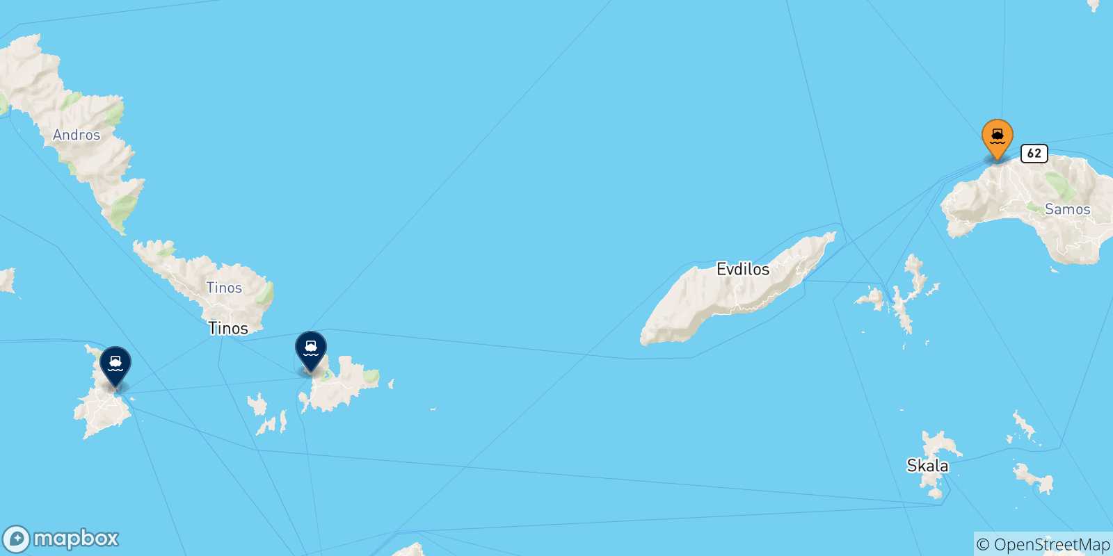 Mapa de las posibles rutas entre Karlovassi (Samos) y  Las Cicladas