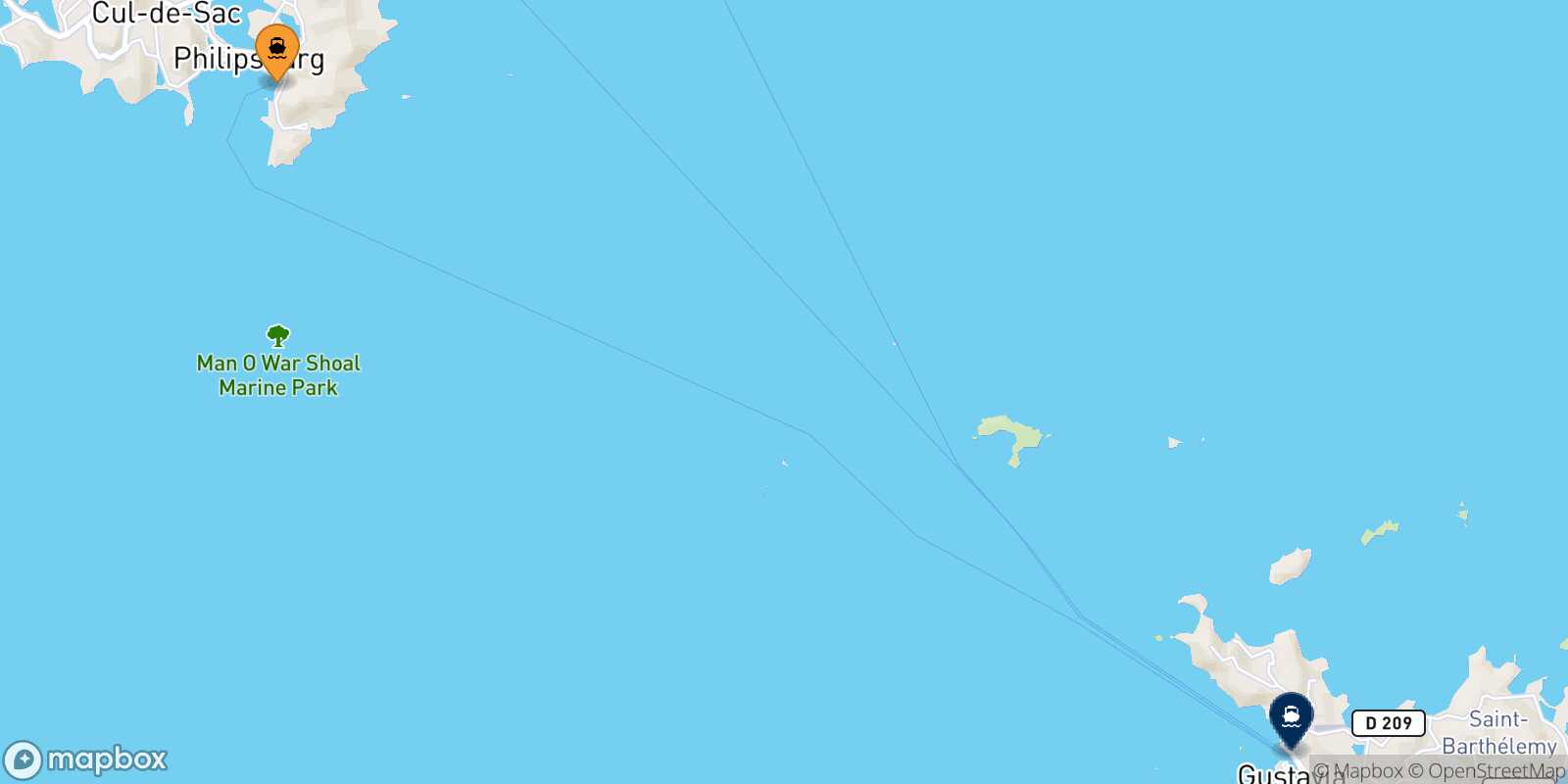 Mapa de los puertos conectados con  Gustavia (San Bartolomé)