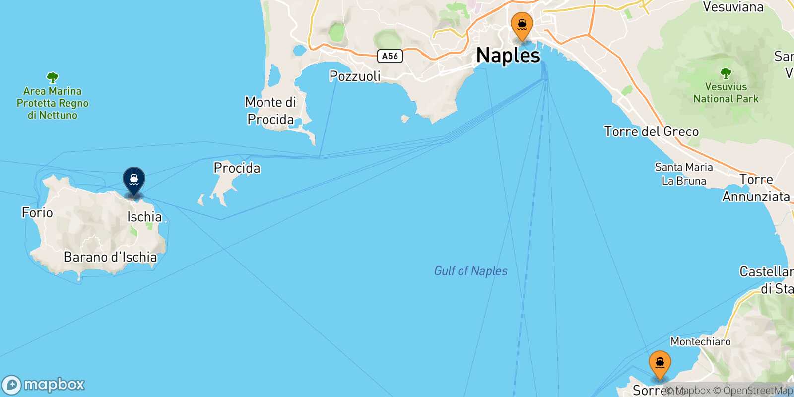 Mapa de los puertos conectados con  Ischia