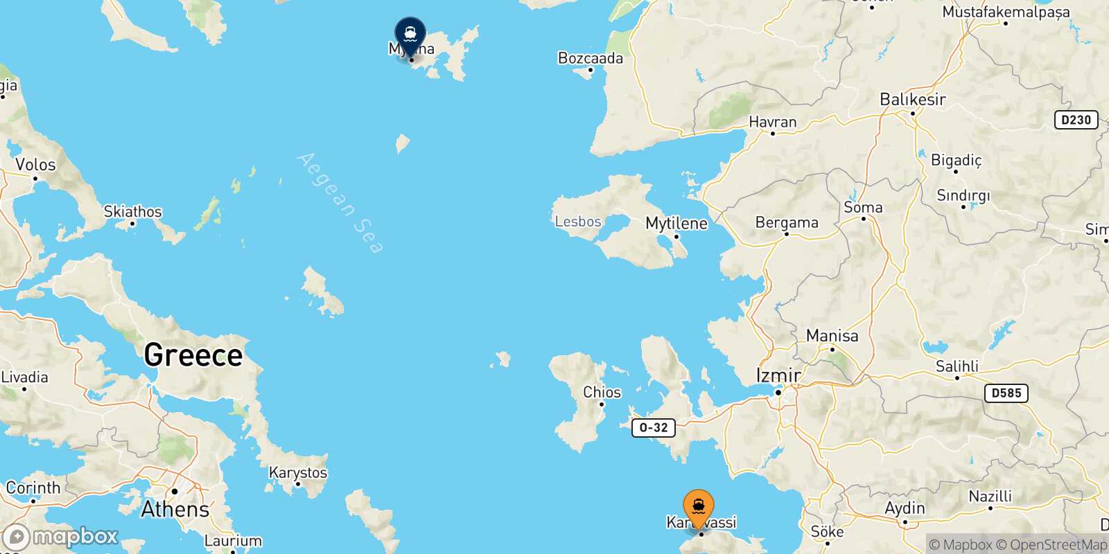 Mapa de la ruta Karlovassi (Samos) Mirina (Limnos)