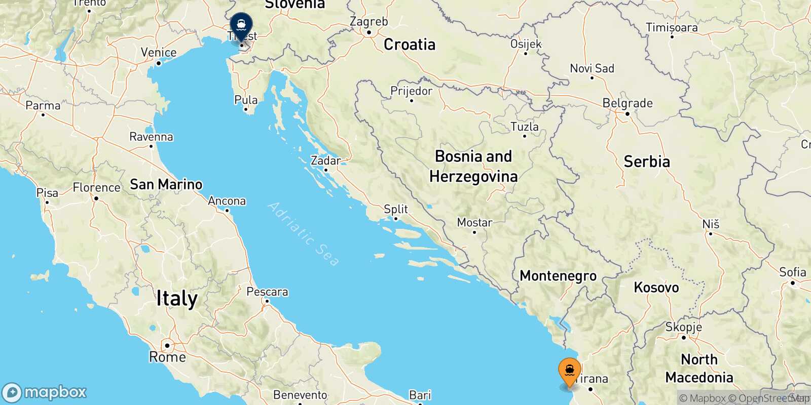 Mapa de la ruta Durres Trieste